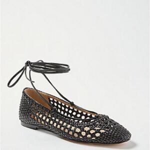 ANN TAYLOR Lydia Rattan Leather Black Mesh Flats Women’s Shoes
